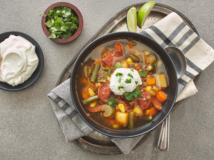 Vegetable, lentil and chorizo soup
