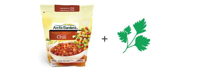 Ingrédients à ajouter pour un chili con carne simplifié : sac de légumes pour Chili Arctic Gardens + coriandre 