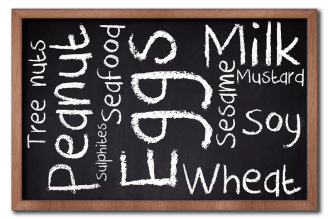 Most popular food allergies written on a black board with chalk