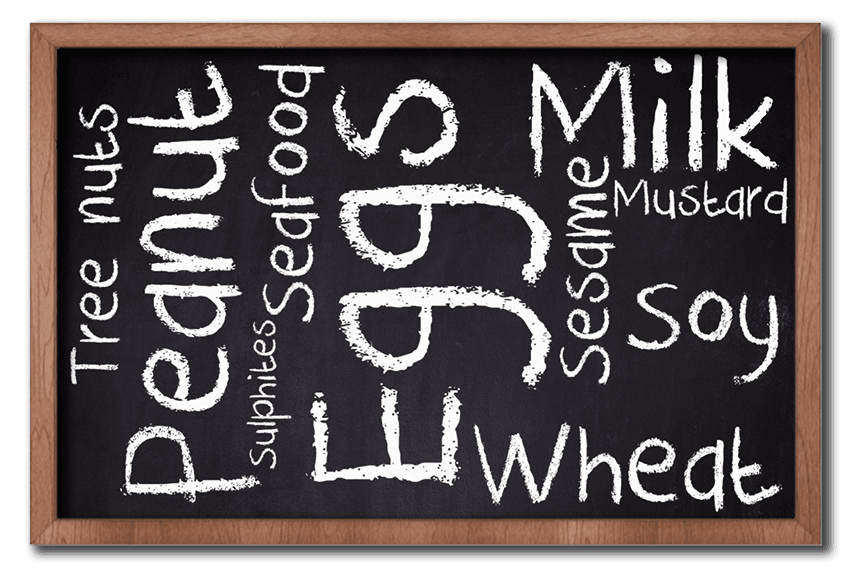 Most popular food allergies written on a black board with chalk
