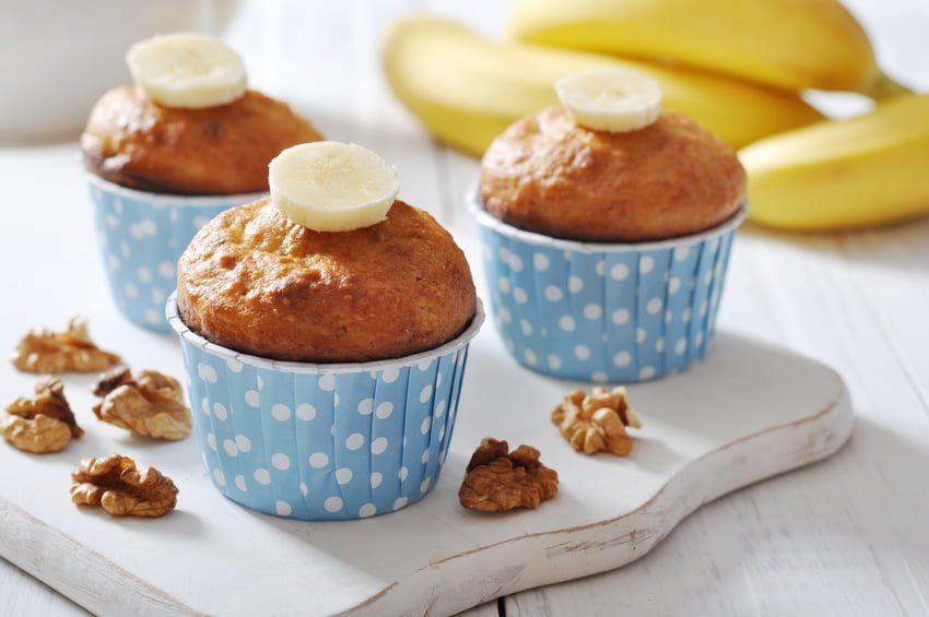 Banana muffins in blue paper cupcake case