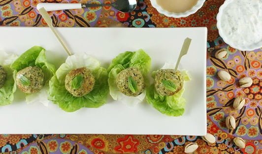 Baked Herb and Pistachio Falafel Bites with Mint Yogurt and Cashew Dressing