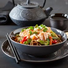 Soba noodles, veggies and salmon bowl