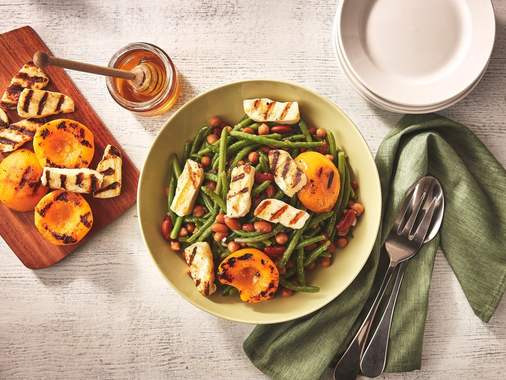 Warm green bean, halloumi and grilled peach salad