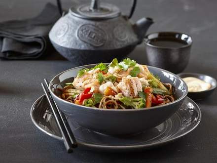 Soba noodle, vegetable and salmon bowl