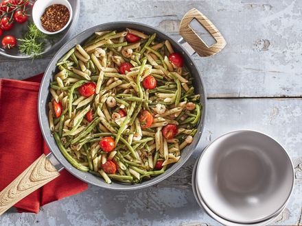 Penne aux haricots verts et crevettes