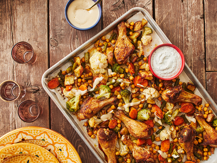 Moroccan-style chicken and vegetable sheet pan