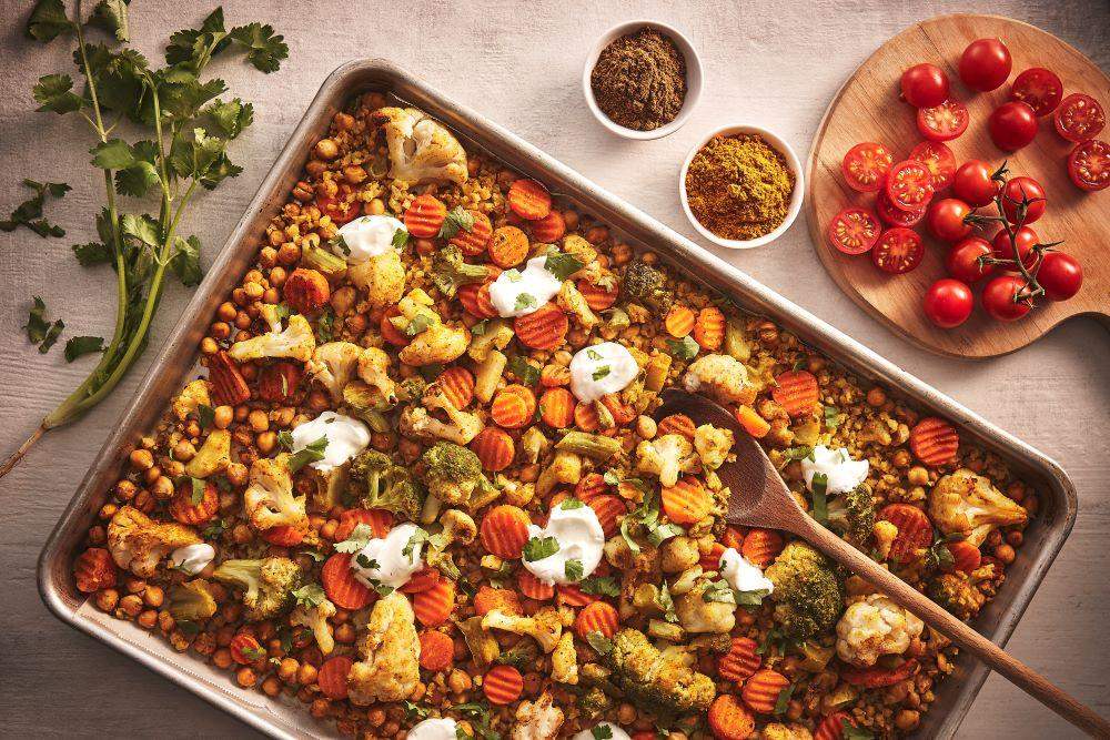 Indian-style roasted chickpea tomato sheet pan
