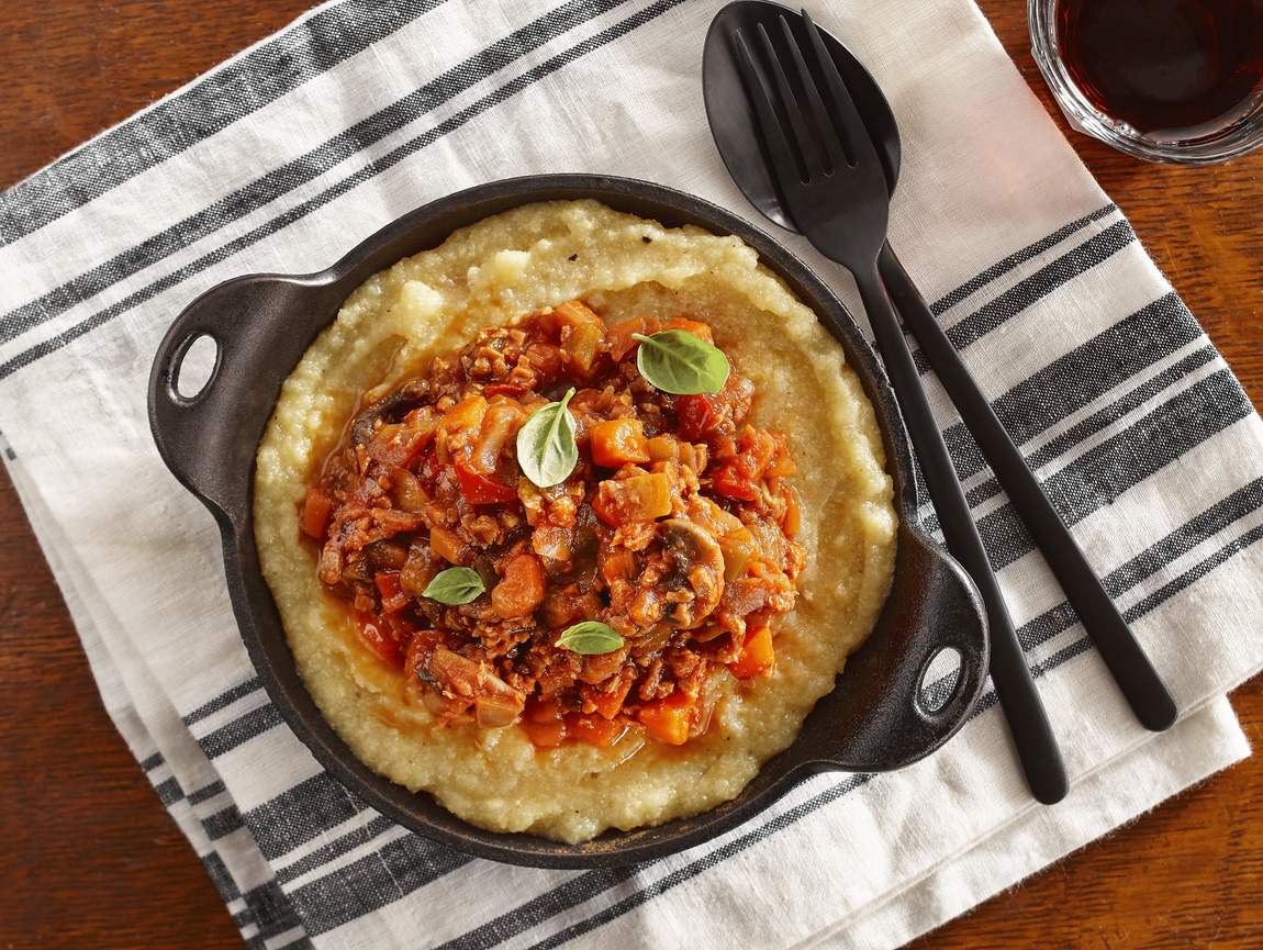 Polenta and vegan bolognese sauce