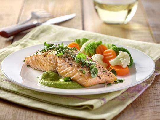 Roasted sesame salmon and pea coulis with garden herbs | Arctic Gardens