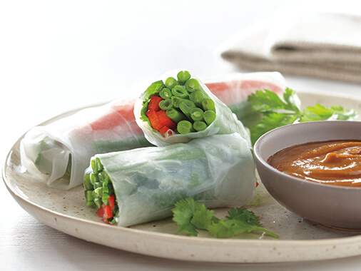 Green bean spring rolls and peanut butter sauce